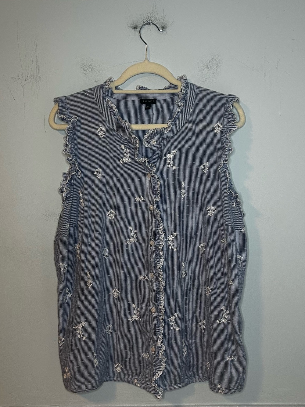 Talbots Blue & White Stripe Floral Embroidered Ruffle Sleeveless Button Down Top